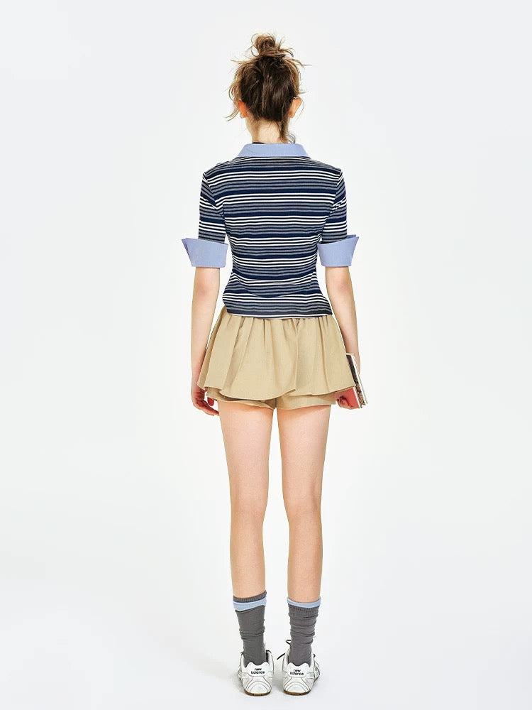 Preppy Striped Contrast Patchwork Polo Top & Mini Skirt Set – Miu-Inspired Two-Piece
