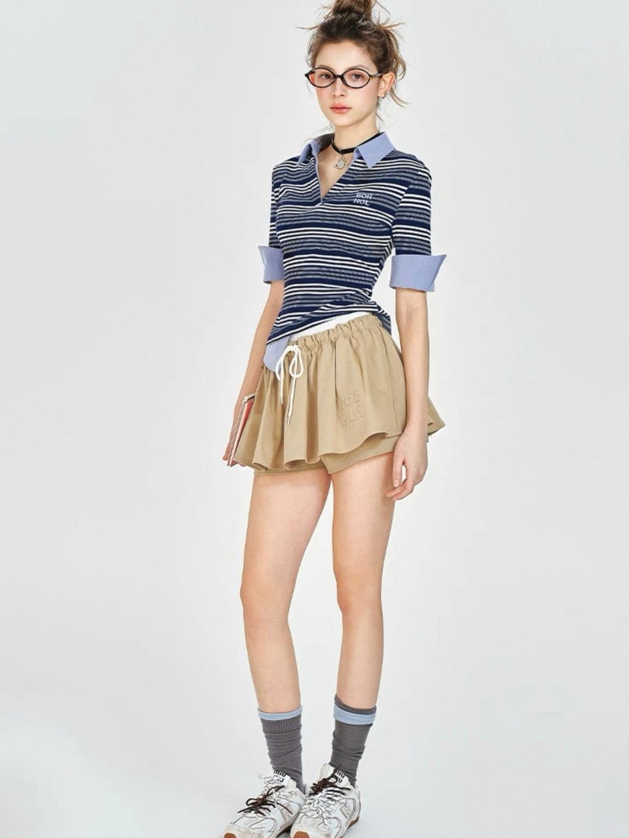 Preppy Striped Contrast Patchwork Polo Top & Mini Skirt Set – Miu-Inspired Two-Piece