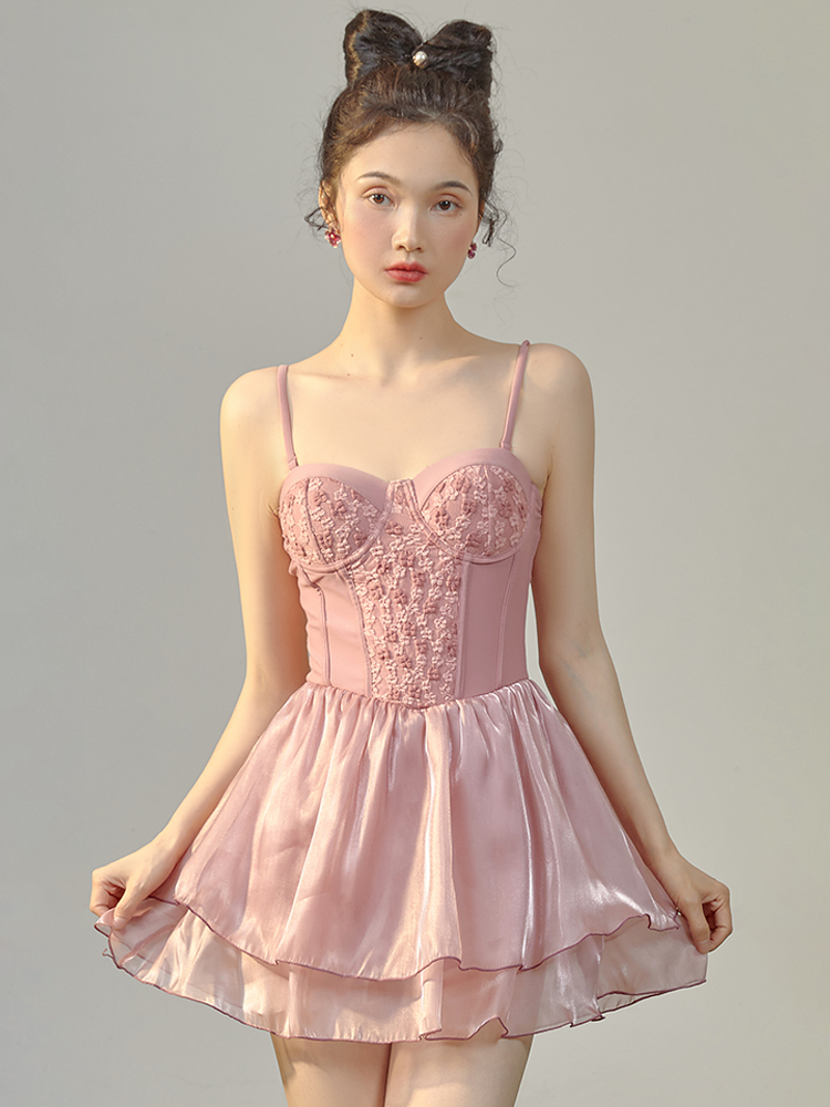 Pink Sweetheart-Style Swim Dress With Underwire Support