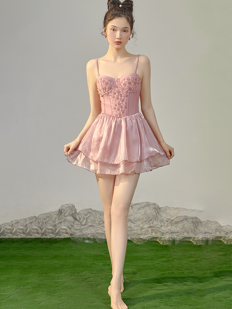 Pink Sweetheart-Style Swim Dress With Underwire Support