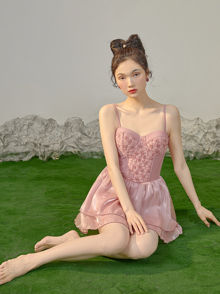 Pink Sweetheart-Style Swim Dress With Underwire Support