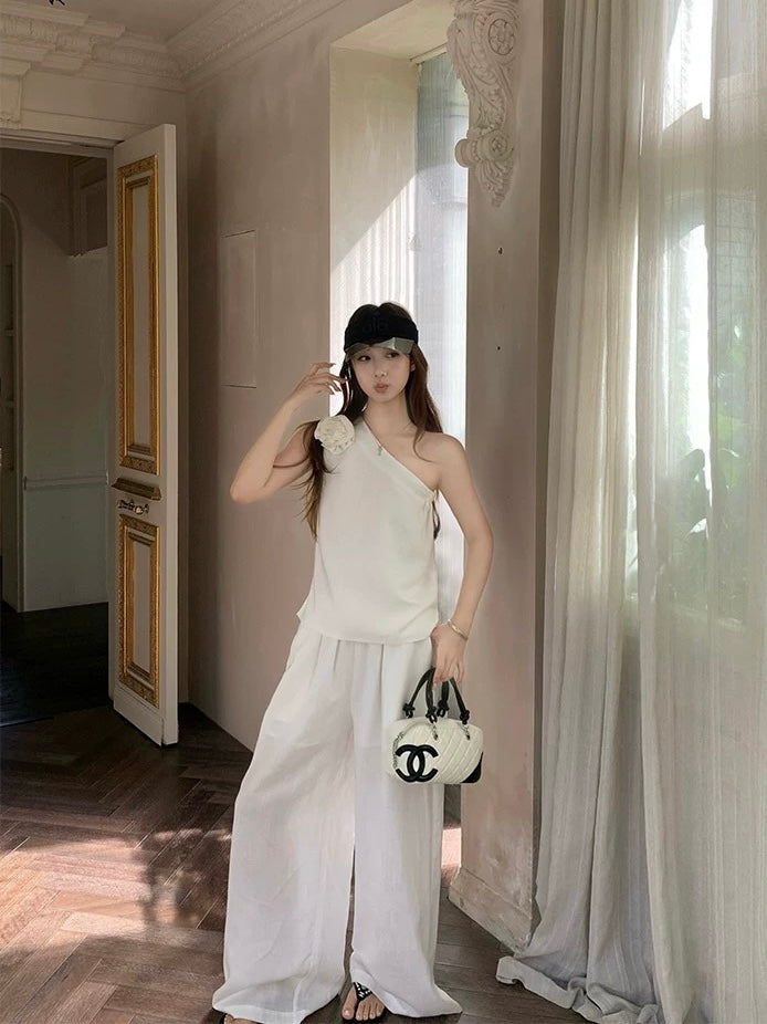 White Linen Two-Piece Set – Sleeveless Top & Wide-Leg Pants
