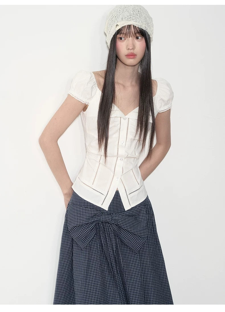 Korean Style Lace Puff Sleeve Waist-Cinching Shirt – Elegant & Slim Fit