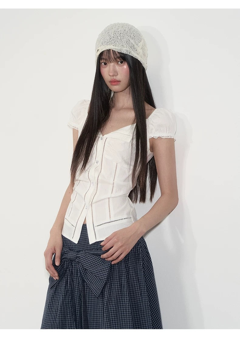 Korean Style Lace Puff Sleeve Waist-Cinching Shirt – Elegant & Slim Fit