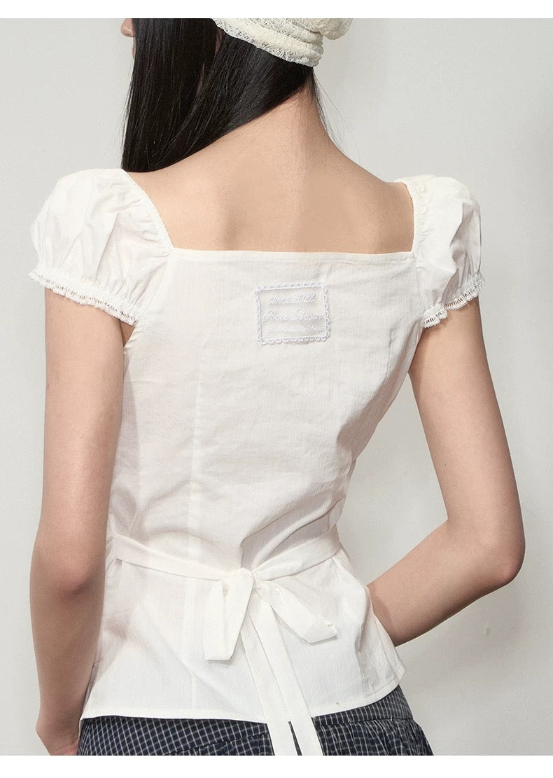 Korean Style Lace Puff Sleeve Waist-Cinching Shirt – Elegant & Slim Fit