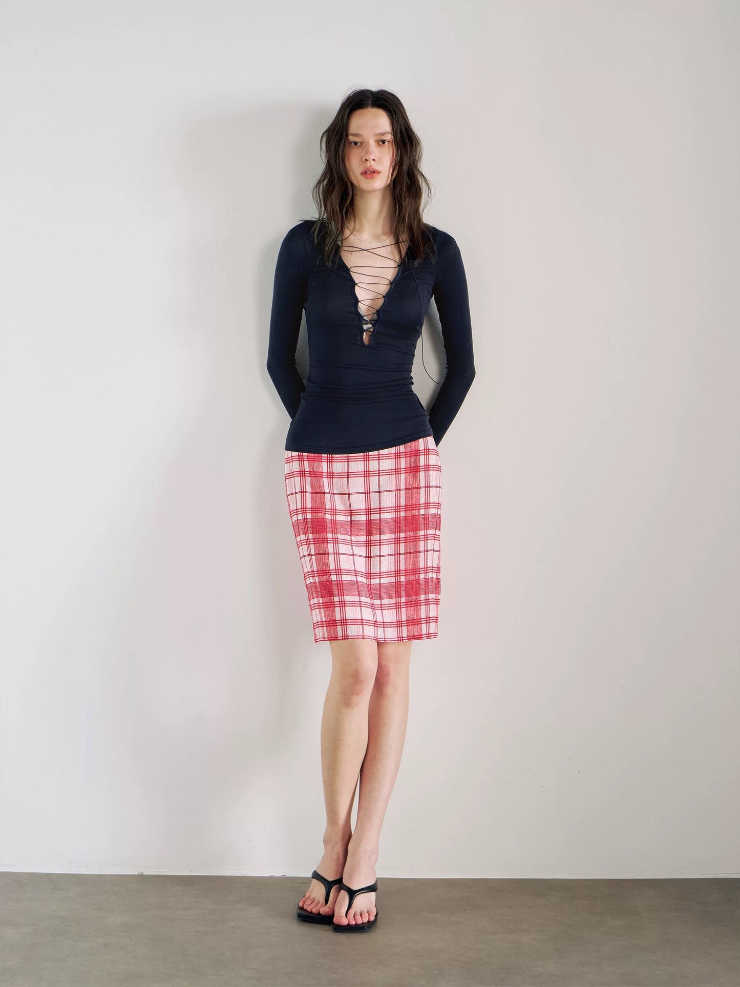 Navy Blue 100% TENCEL V-Neck Sheer Long Sleeve Tie-Detail Top
