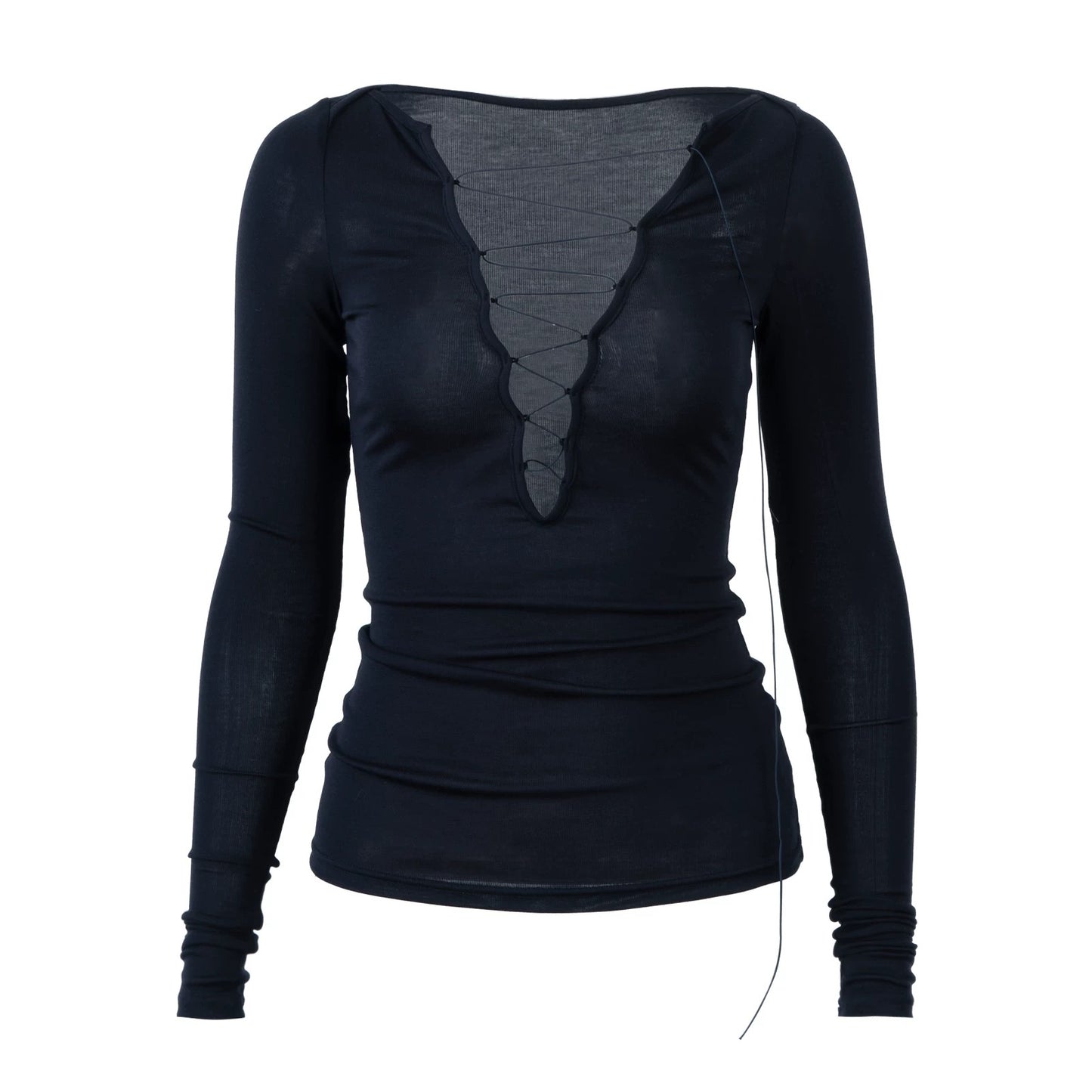 Navy Blue 100% TENCEL V-Neck Sheer Long Sleeve Tie-Detail Top
