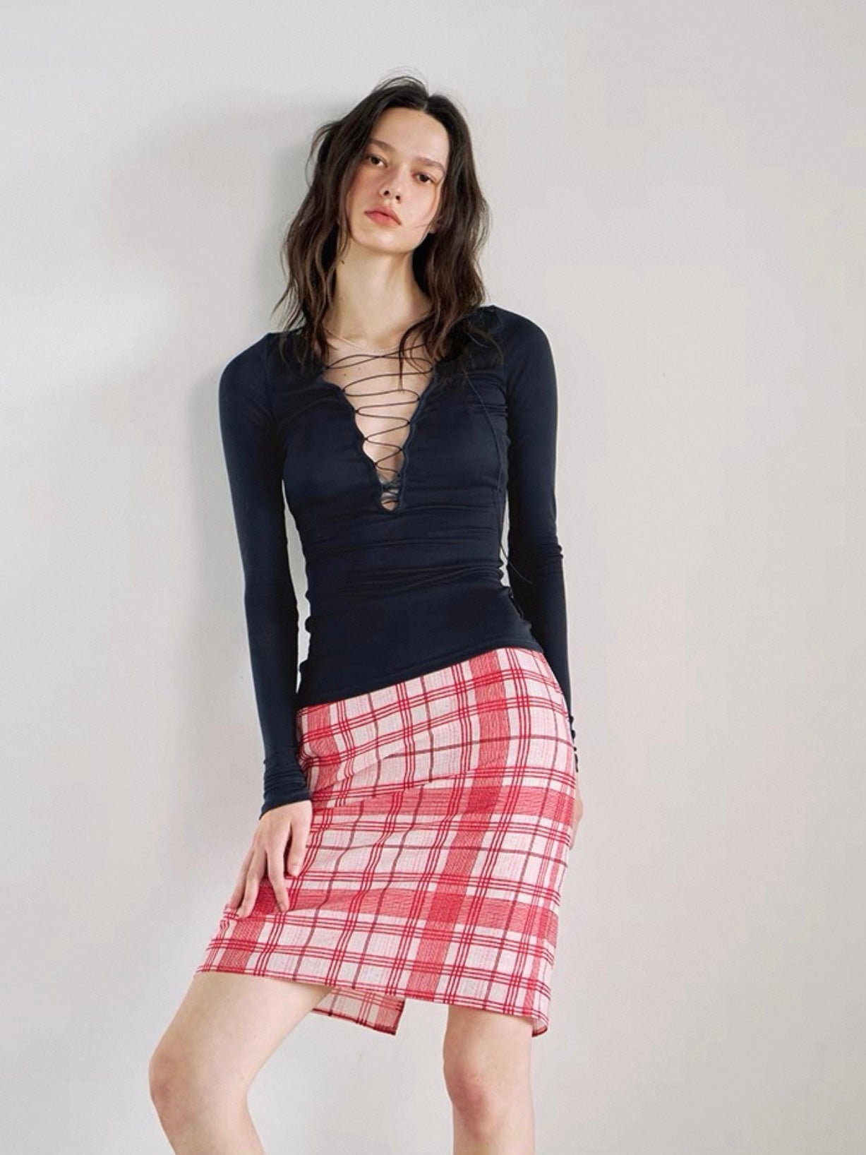 Navy Blue 100% TENCEL V-Neck Sheer Long Sleeve Tie-Detail Top