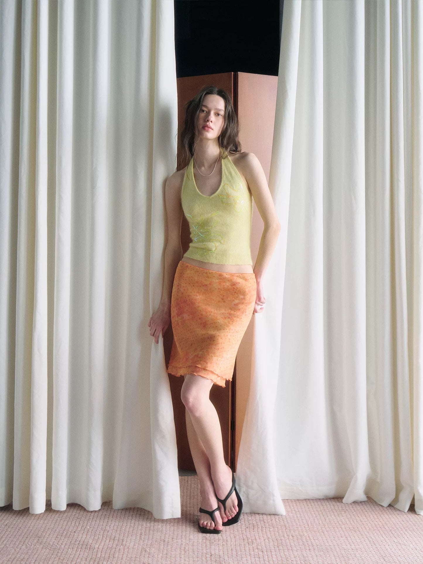 Orange Floral Low-Rise A-Line Midi Skirt | Slim Fit & Semi-Sheer