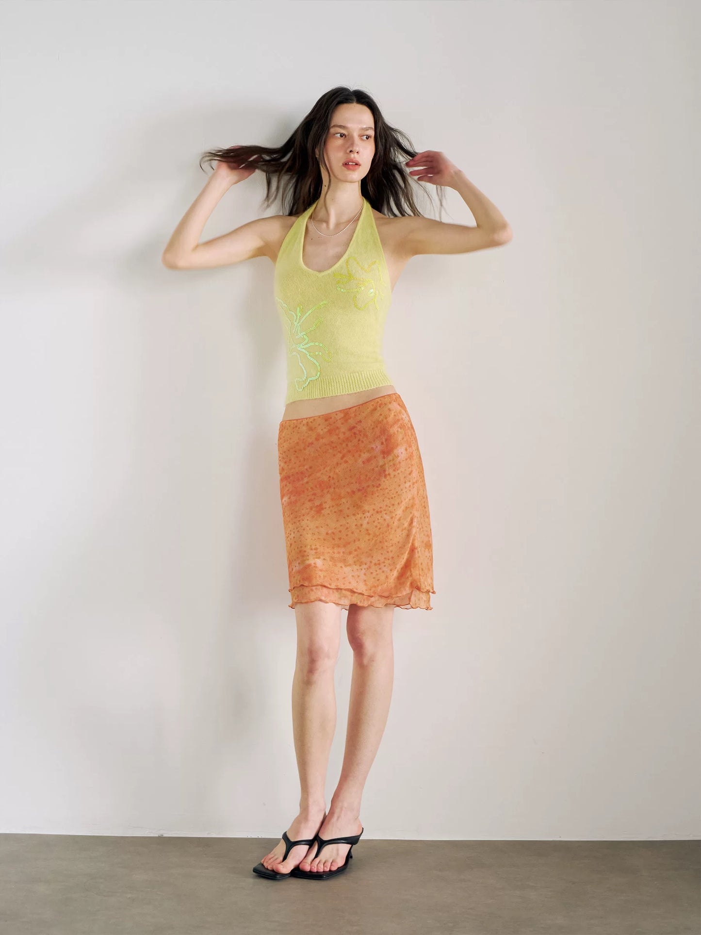 Orange Floral Low-Rise A-Line Midi Skirt | Slim Fit & Semi-Sheer