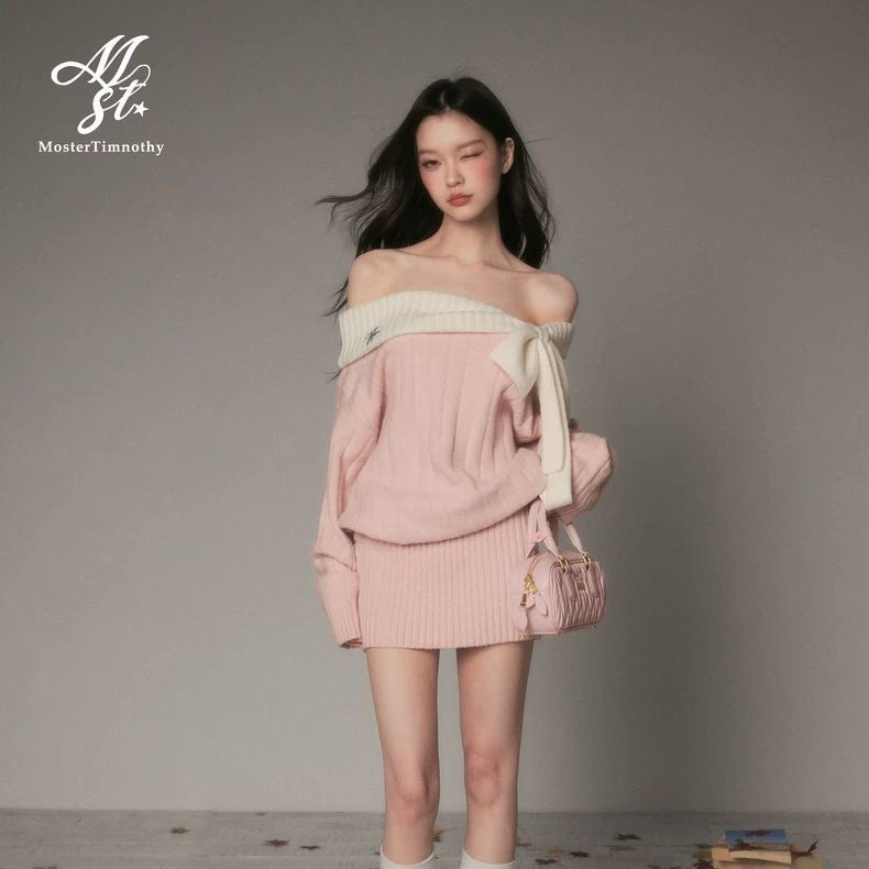 Off-Shoulder Bow Knit Sweater Dress