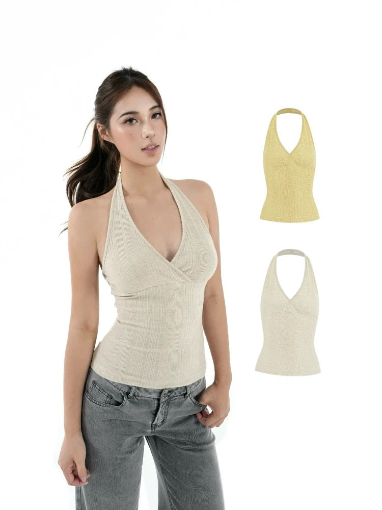 Crisscross V-Neck Ribbed Knit Halter Top | Slim Fit Y2K Crop Cami
