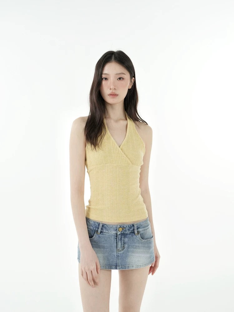 Crisscross V-Neck Ribbed Knit Halter Top | Slim Fit Y2K Crop Cami