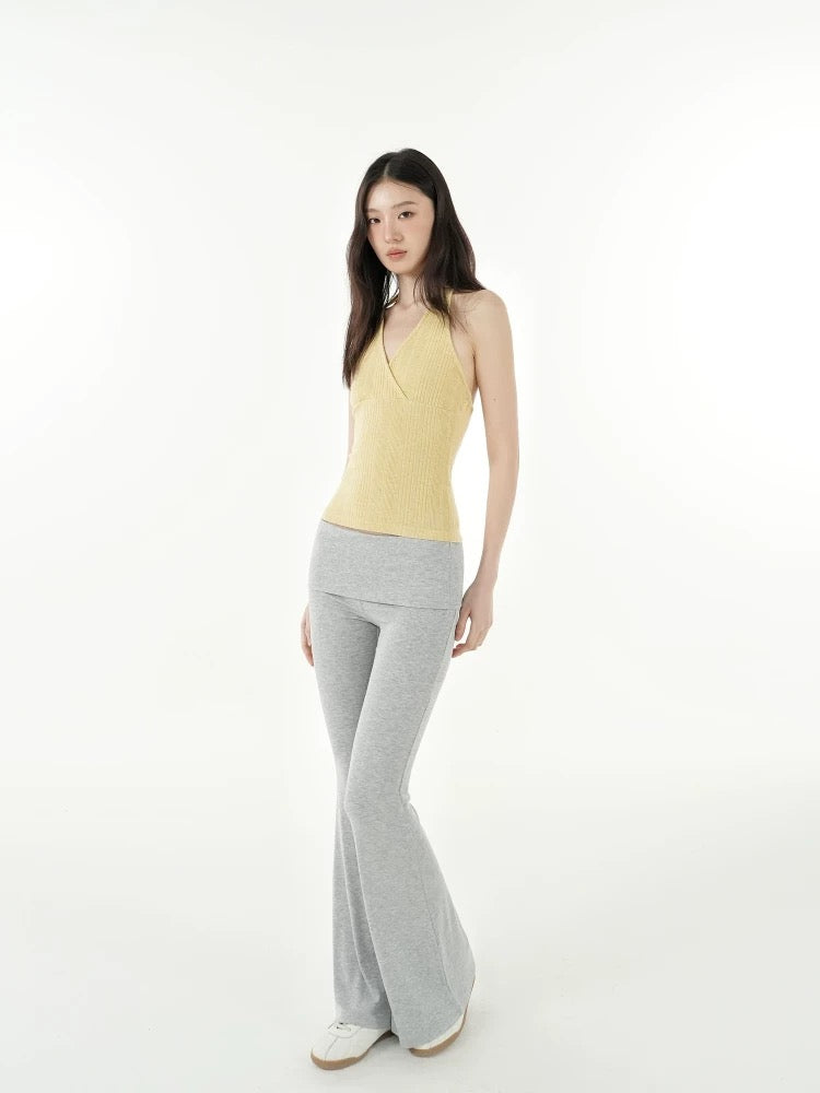 Crisscross V-Neck Ribbed Knit Halter Top | Slim Fit Y2K Crop Cami