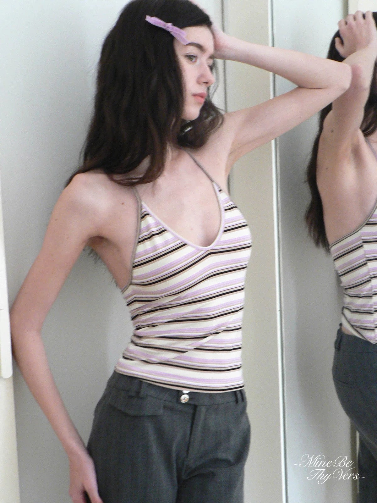 Purple Striped V-Neck Tie Spaghetti Strap Cami with Relaxed Deep V Sheer Cover-up Top