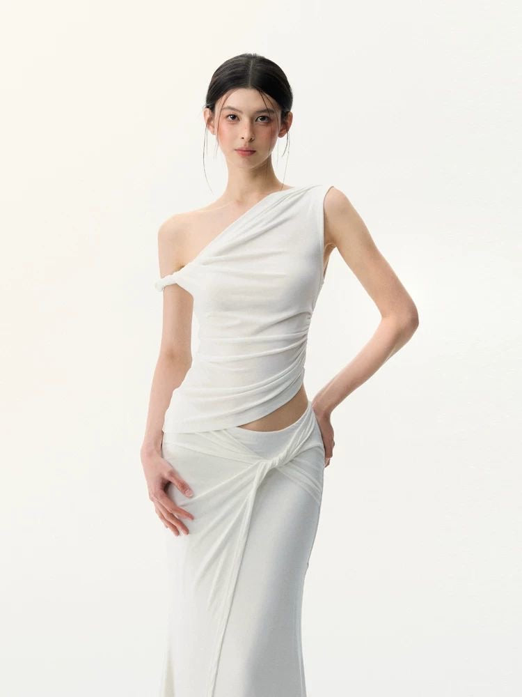 Sculpted Poise - White One-Shoulder Knit Set