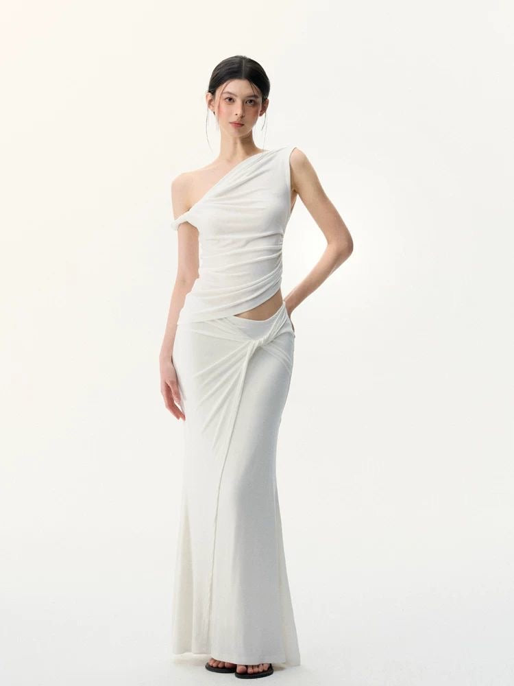 Sculpted Poise - White One-Shoulder Knit Set