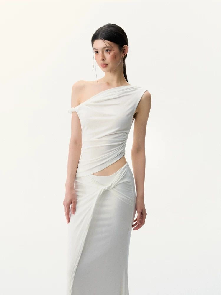 Sculpted Poise - White One-Shoulder Knit Set