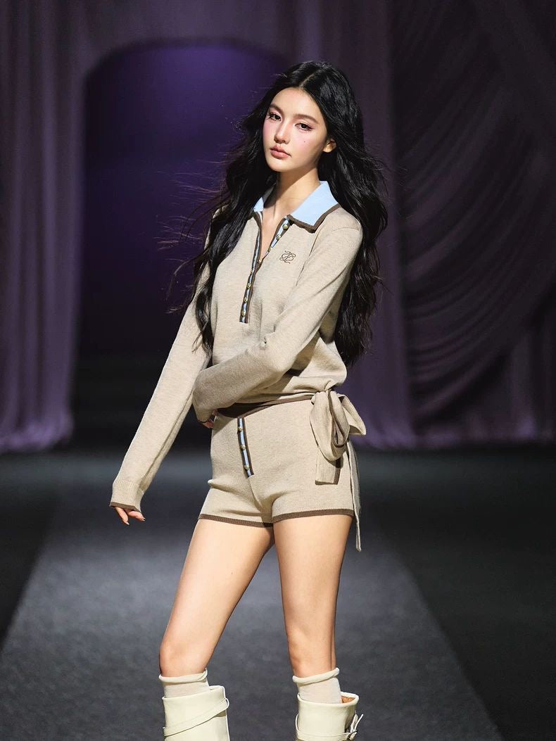 Contrast Trim Polo Ribbon Knit Top & Heart Shorts Set – Beige Coffee