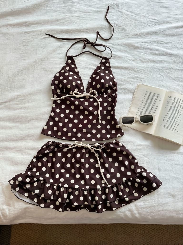 MUSE Polka Dot Halter Bikini Set with Mini Skirt