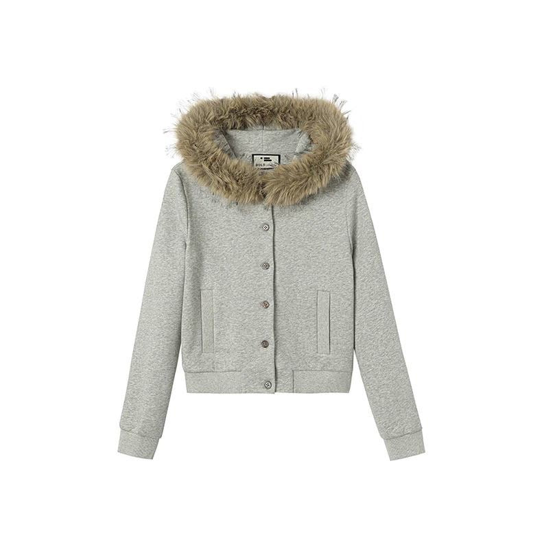 Faux Fur Collar Fleece-Lined Button Hoodie Jacket – Grey