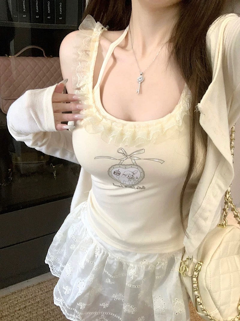 Elegant Lace Trim Halter Padded Cami Top
