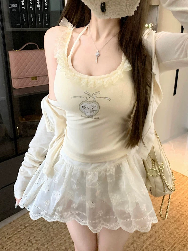 Elegant Lace Trim Halter Padded Cami Top