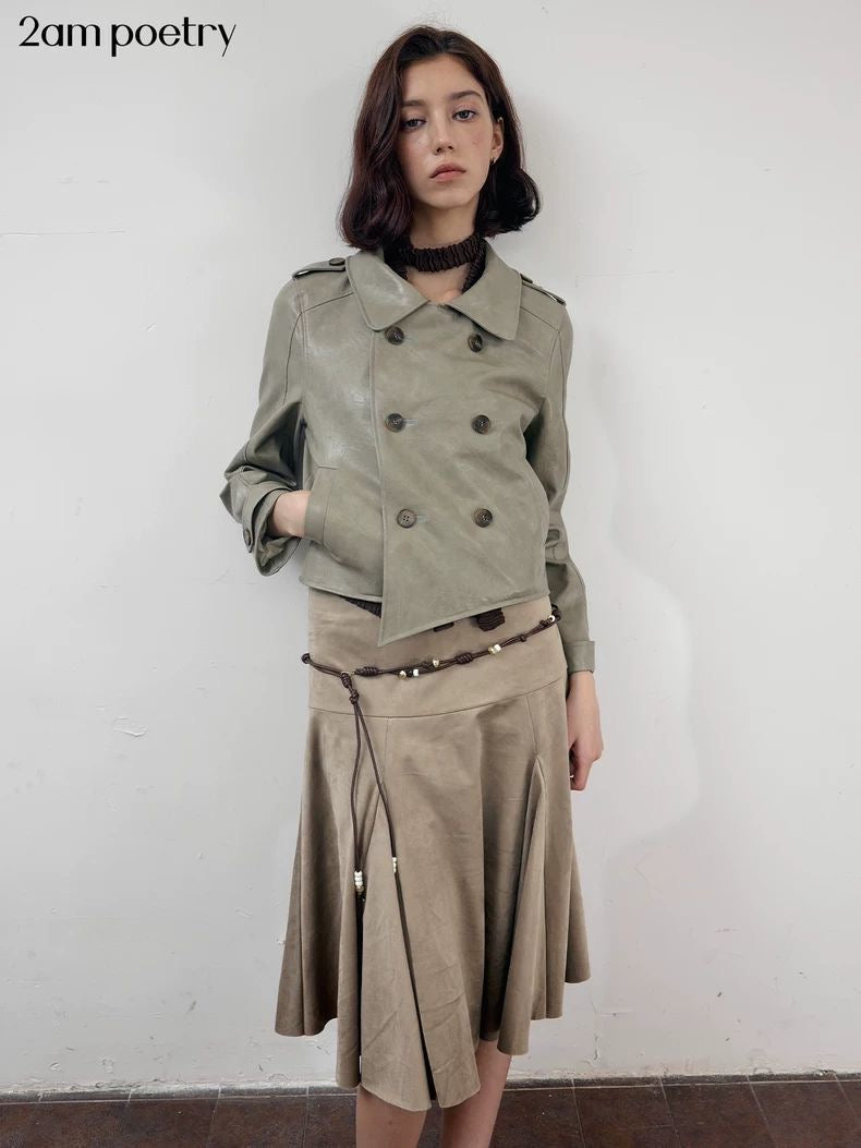 Haze Green Cropped Leather Jacket | Cut-Off Vintage Biker Style