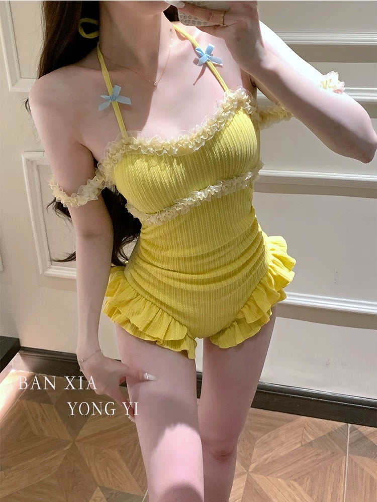 Lemon Yellow Cute One-Piece Swimsuit – Tummy Control Modest Resort Look