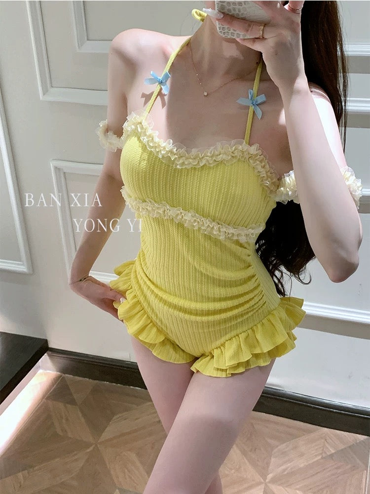 Lemon Yellow Cute One-Piece Swimsuit – Tummy Control Modest Resort Look