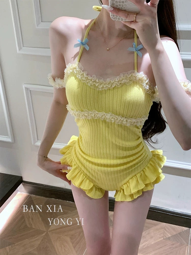 Lemon Yellow Cute One-Piece Swimsuit – Tummy Control Modest Resort Look
