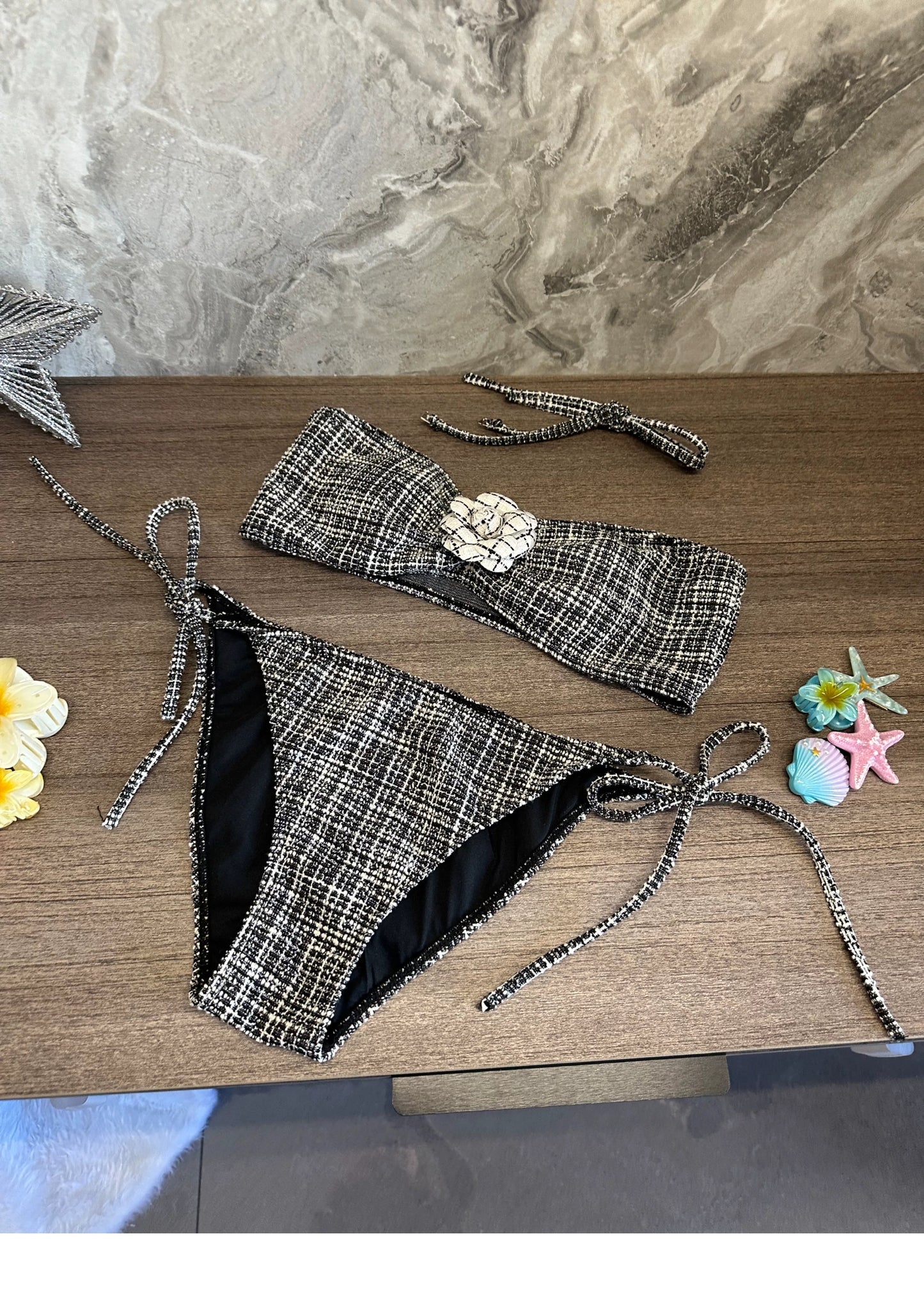 Chanel-Inspired Checkered Bikini Set – 3D Floral, Sexy Two-Piece Swimwear