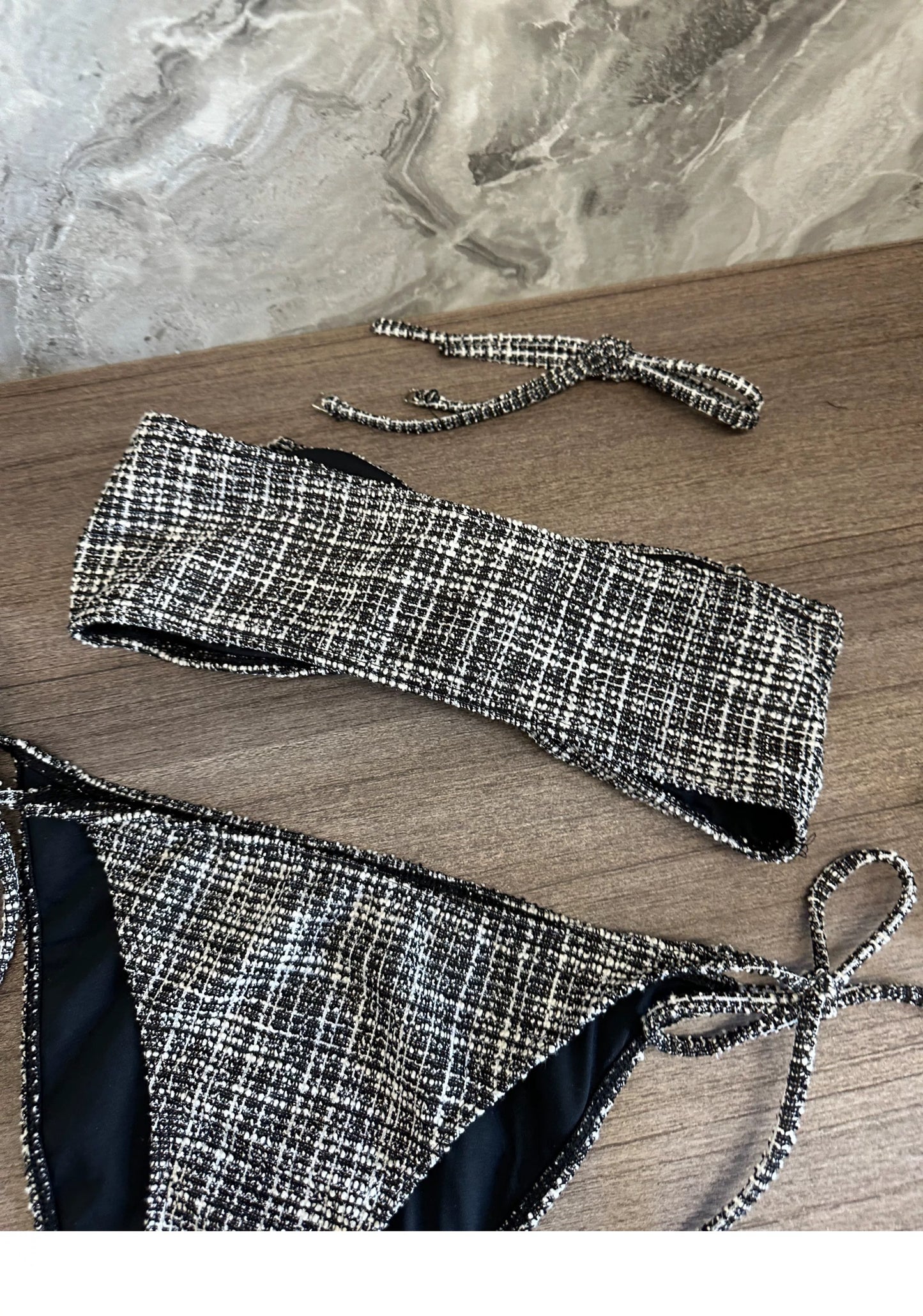 Chanel-Inspired Checkered Bikini Set – 3D Floral, Sexy Two-Piece Swimwear