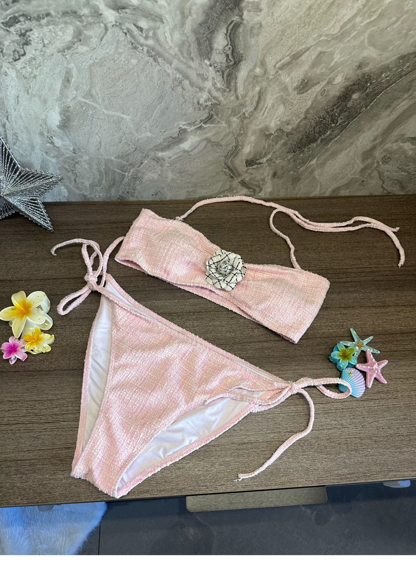 Chanel-Inspired Checkered Bikini Set – 3D Floral, Sexy Two-Piece Swimwear