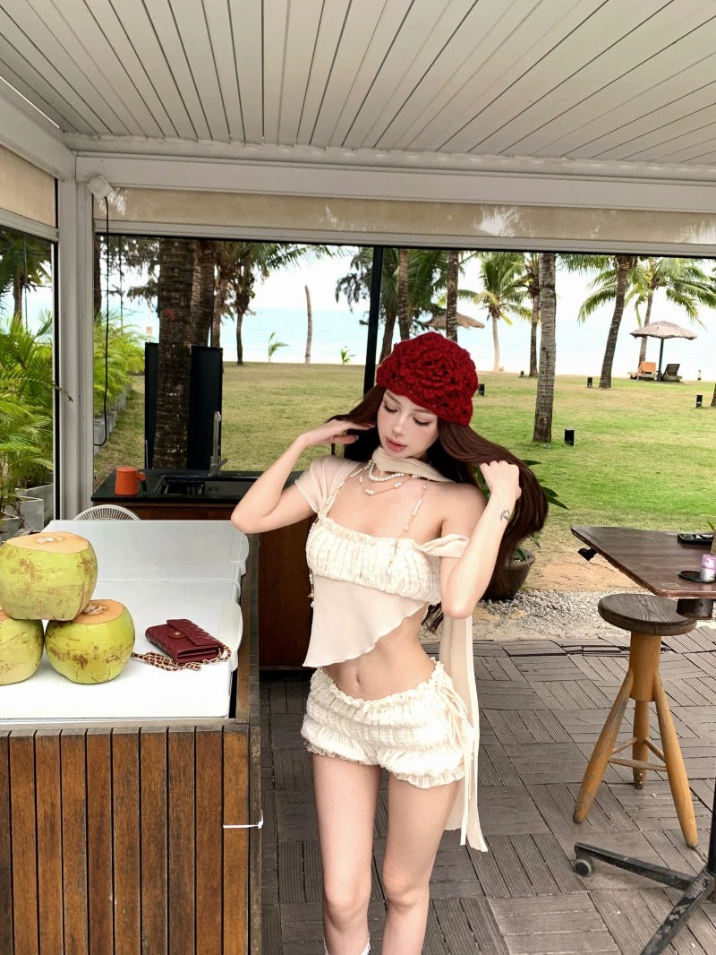 Y2K Beach Babe Bikini Set – Off-Shoulder Asymmetrical Tie Strap Tank & Two-Piece Swimsuit
