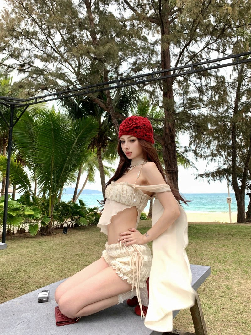 Y2K Beach Babe Bikini Set – Off-Shoulder Asymmetrical Tie Strap Tank & Two-Piece Swimsuit