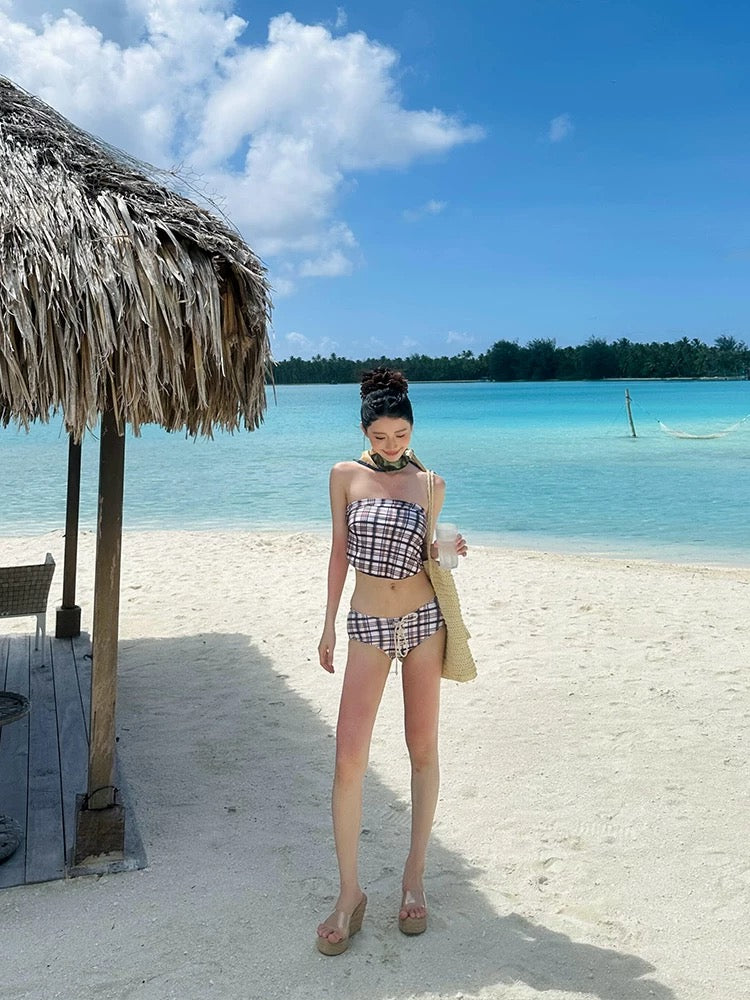 VERY LIMITED✨Retro Coffee Check 3-Piece Bikini Set – Strapless Push-Up Swimwear for Petite Busts