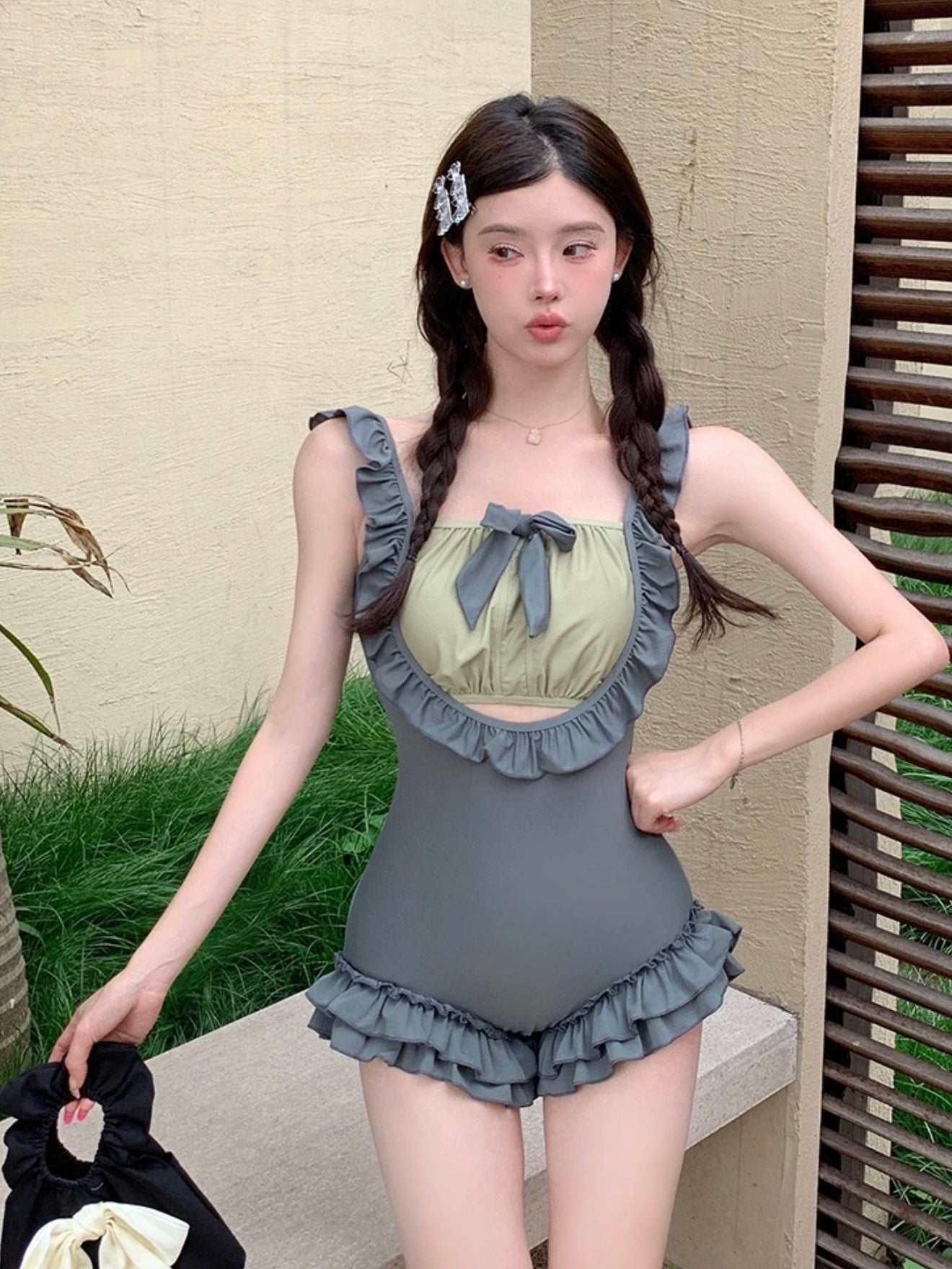 Korean INS Style One-Piece Swimsuit – Modest Slimming with Butterfly Tie Detail