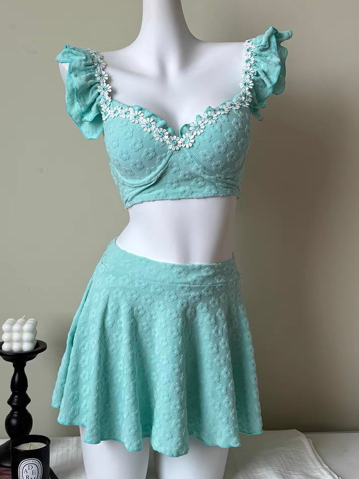 Mint Blue Three-Piece Bikini with White Lace Detailing