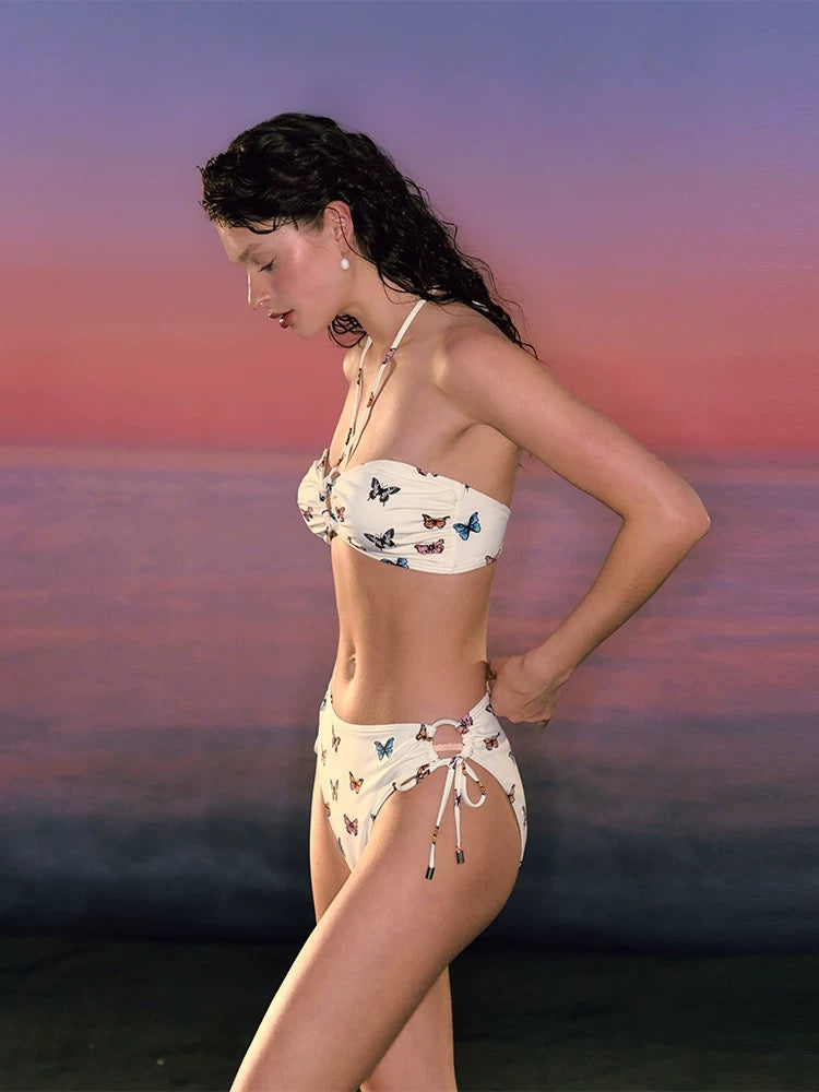 Butterfly Charm 3-Piece Bikini Set – Sexy Printed Swimsuit with Sheer Cover Skirt