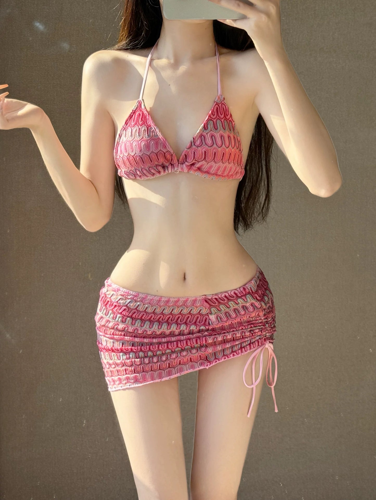 Pink Gradient Plaid 3-Piece Bikini Set – Wavy Stripe Luxe Swimwear with Cover-Up