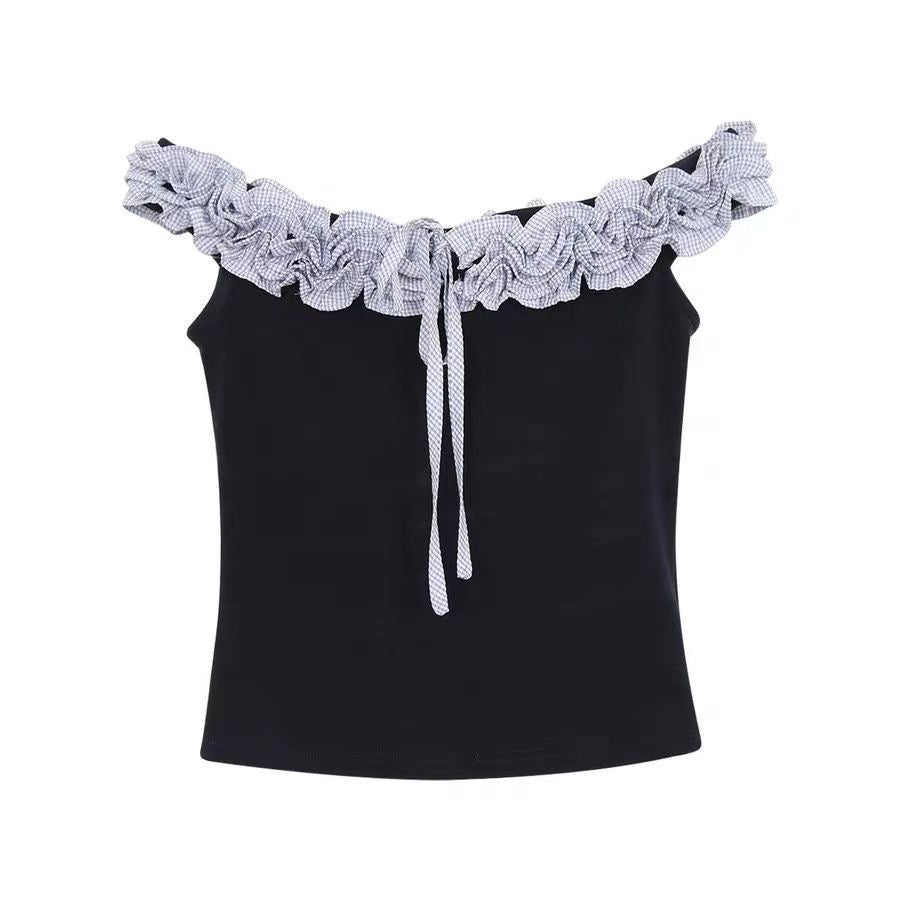 Navy Off-Shoulder Top – American Retro Chic with Light Blue Lace Trim