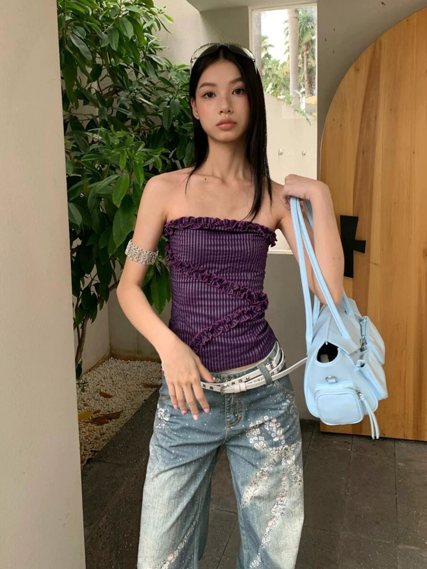 Purple Cross Lace Bustier Ruched Stretch Slim Fit Camisole Top