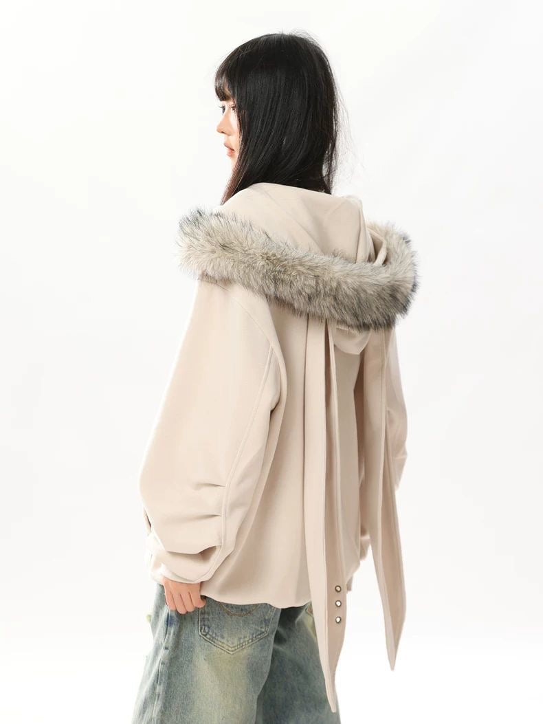 INNA Spider Web Bunny Ear Faux Fur Hoodie Jacket