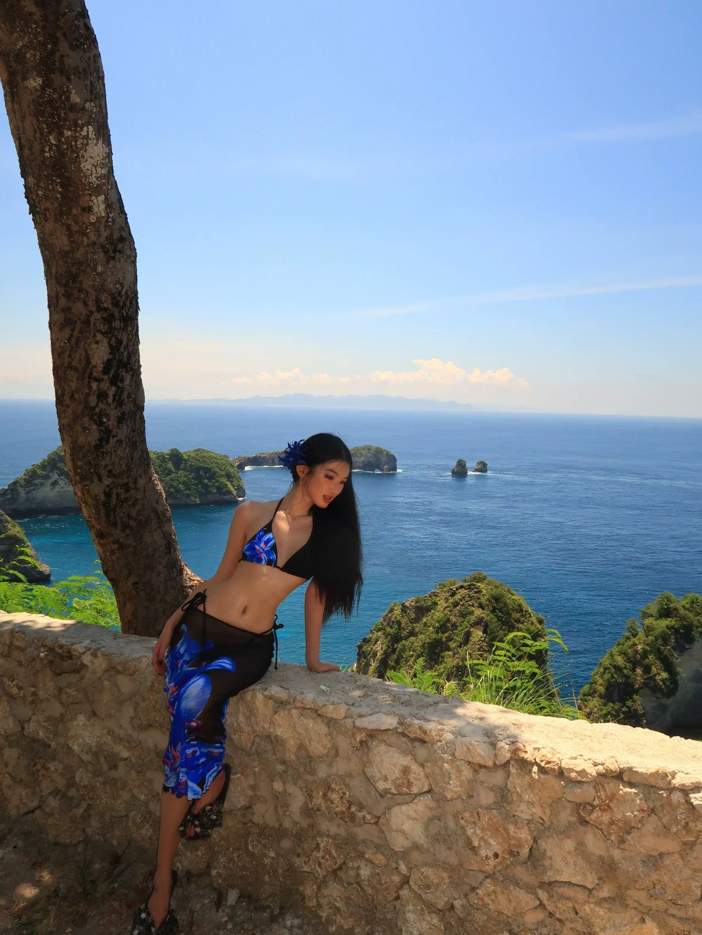 Blue Floral Halter Bikini & Mesh Cover-Up Set β 3 Piece Sexy Resort Outfit