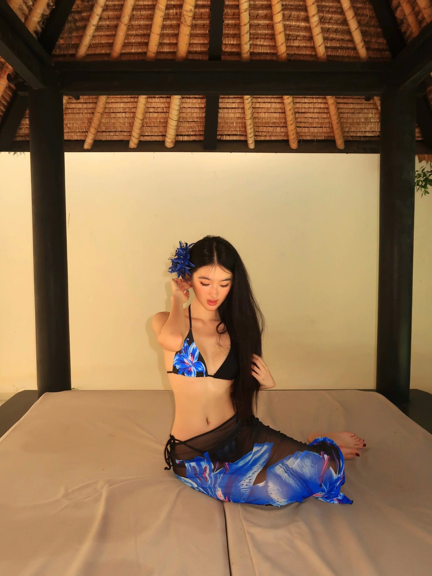 Blue Floral Halter Bikini & Mesh Cover-Up Set β 3 Piece Sexy Resort Outfit