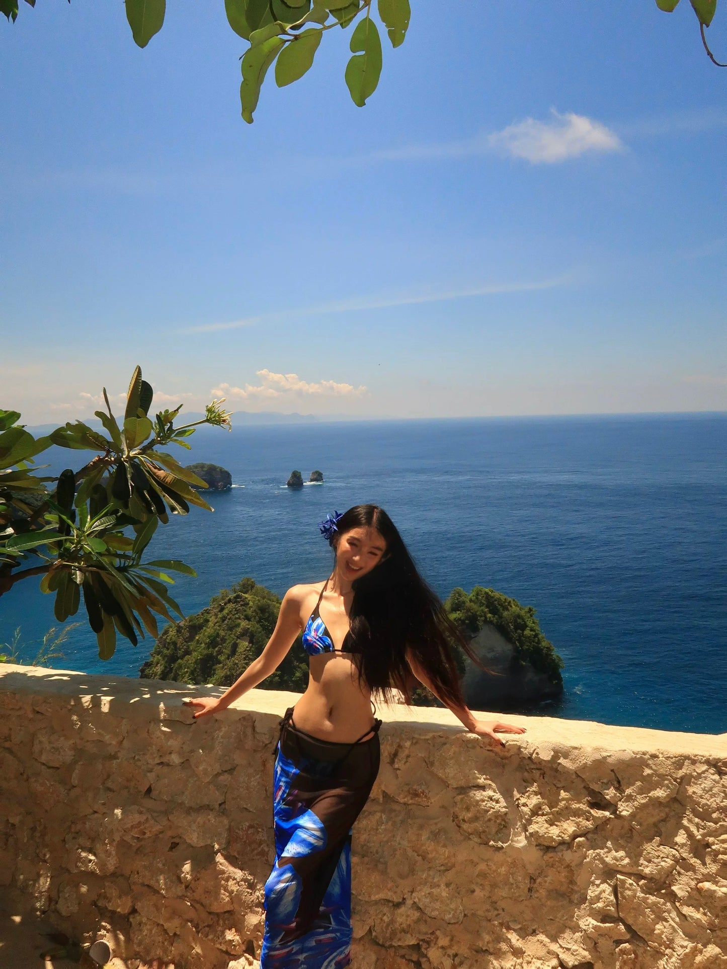 Blue Floral Halter Bikini & Mesh Cover-Up Set β 3 Piece Sexy Resort Outfit