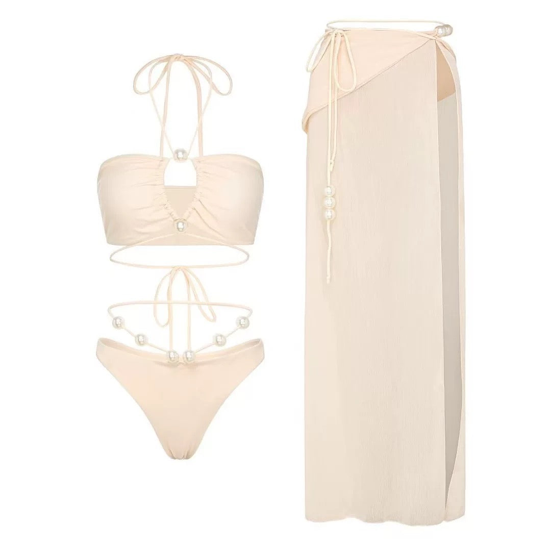 Pearl Strap Tube Bikini & Sheer Maxi Skirt Set β 3 Piece Elegant Resort Outfit