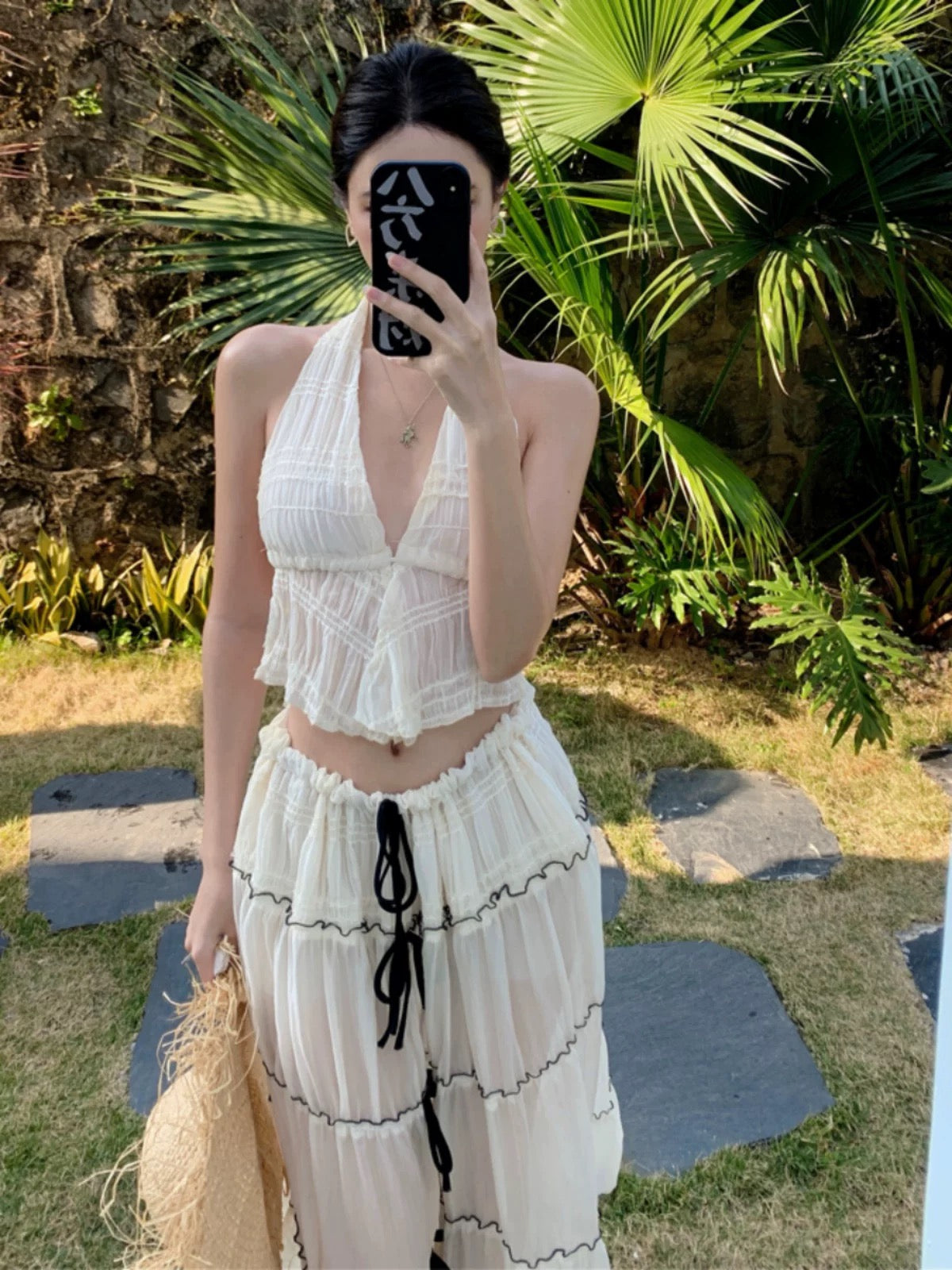 Boho Deep V Bikini & Long Cover-Up Set β 3 Piece Backless Island Vacation Look