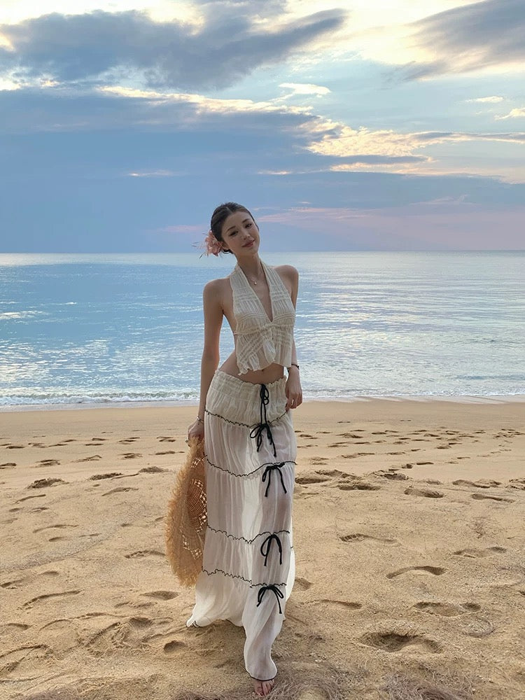 Boho Deep V Bikini & Long Cover-Up Set β 3 Piece Backless Island Vacation Look